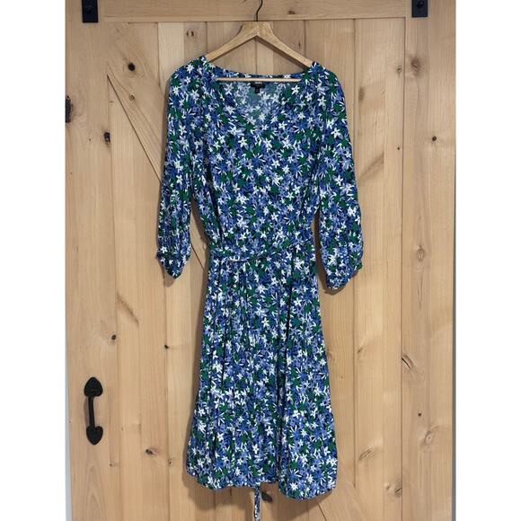 Talbots Blue Green Floral Tie Waist Dress - Size 14W - Picture 1 of 13